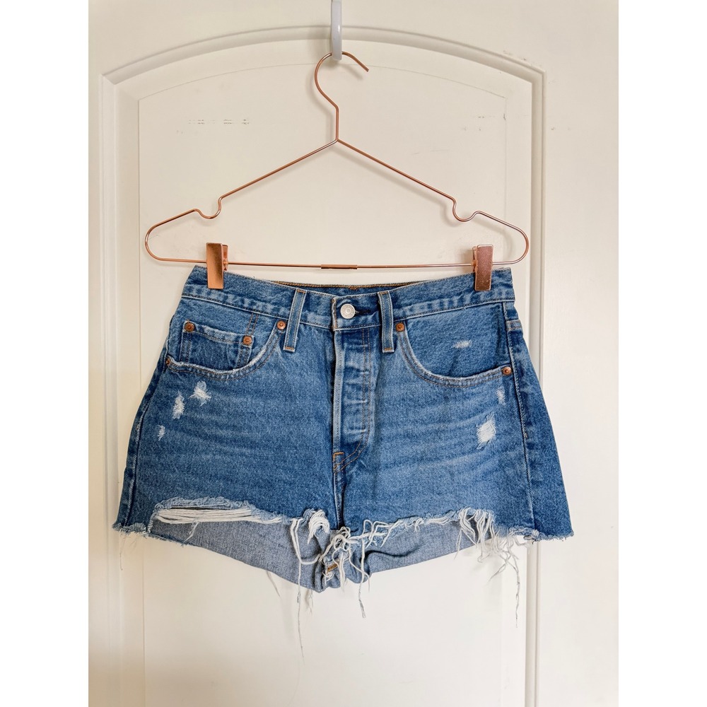 Levi's Premium 501 Original Shorts Womens 27 Medium Wash Blue Distressed Cutoffs